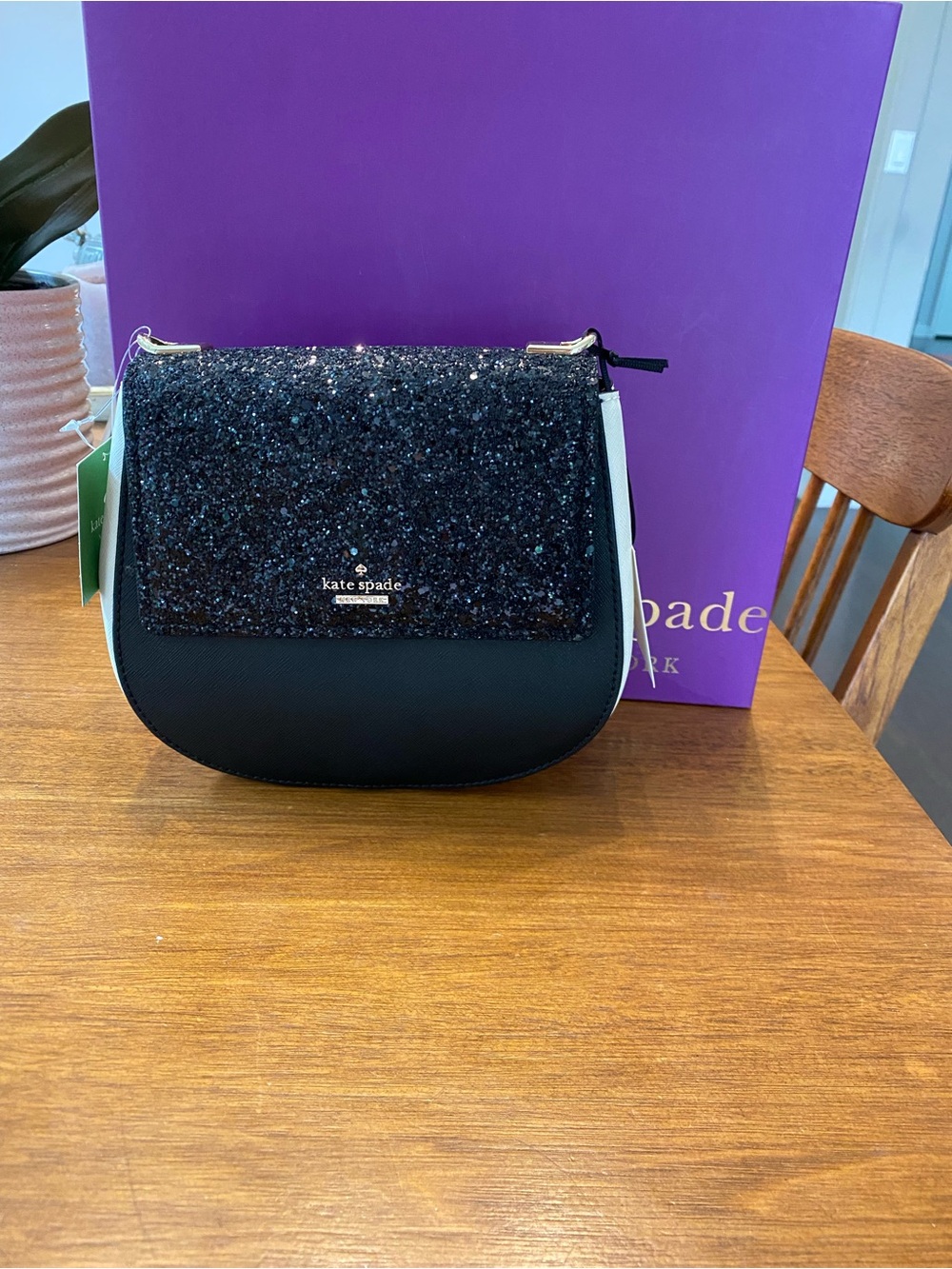 kate spade Small Byrdie Black Glitter Flap Crossbody with White Sides